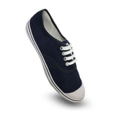 Navyblue cotton lace-up unisex school shoes on wooden surface